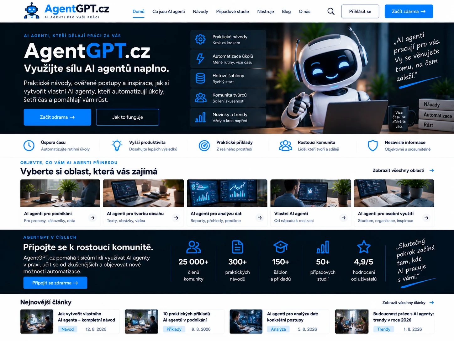 Ilustrační návrh portálu AgentGPT.cz o AI agentech s modrým rozhraním
